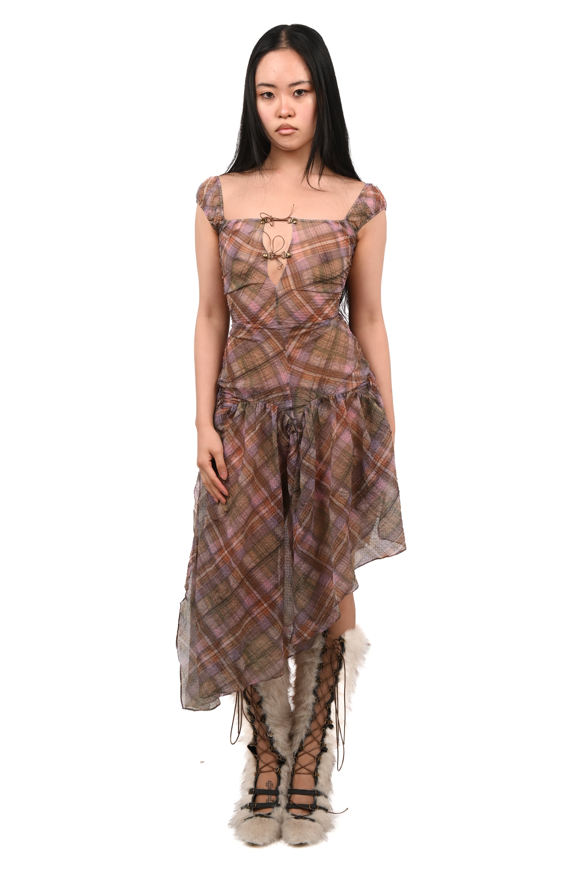 Taottao - Plaid Puff Chiffon Dress