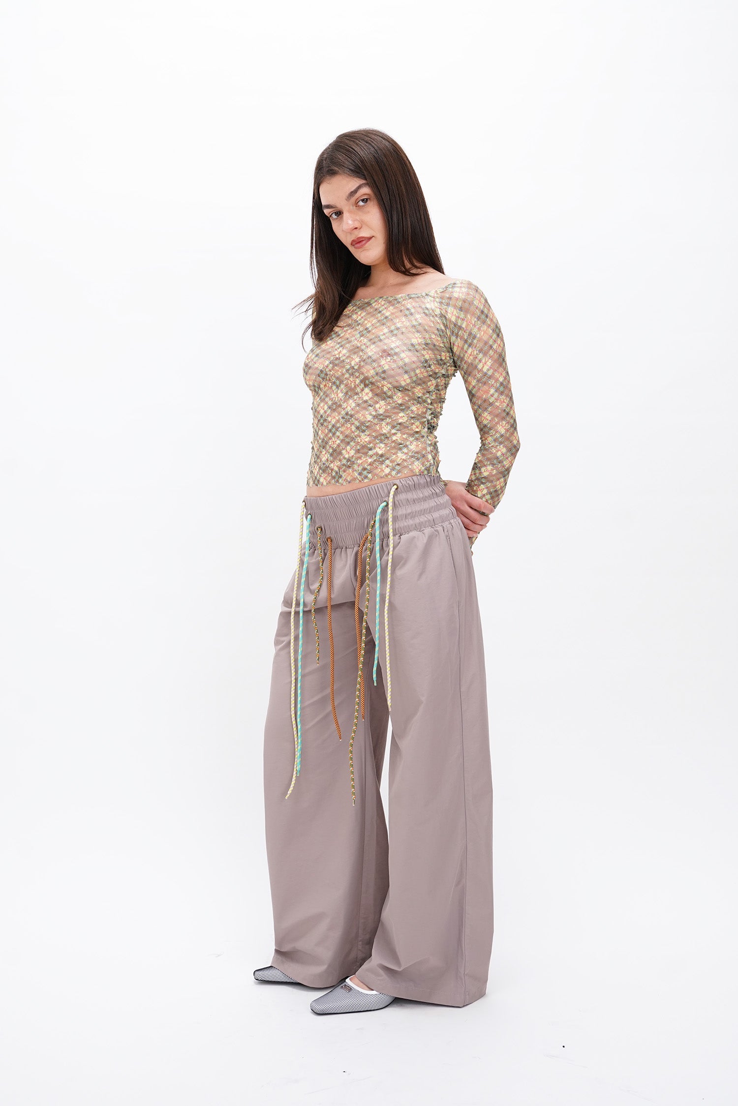 Taottao - Nylon Sports Oversized Baggy Pants w/ 4 Strings Thistle