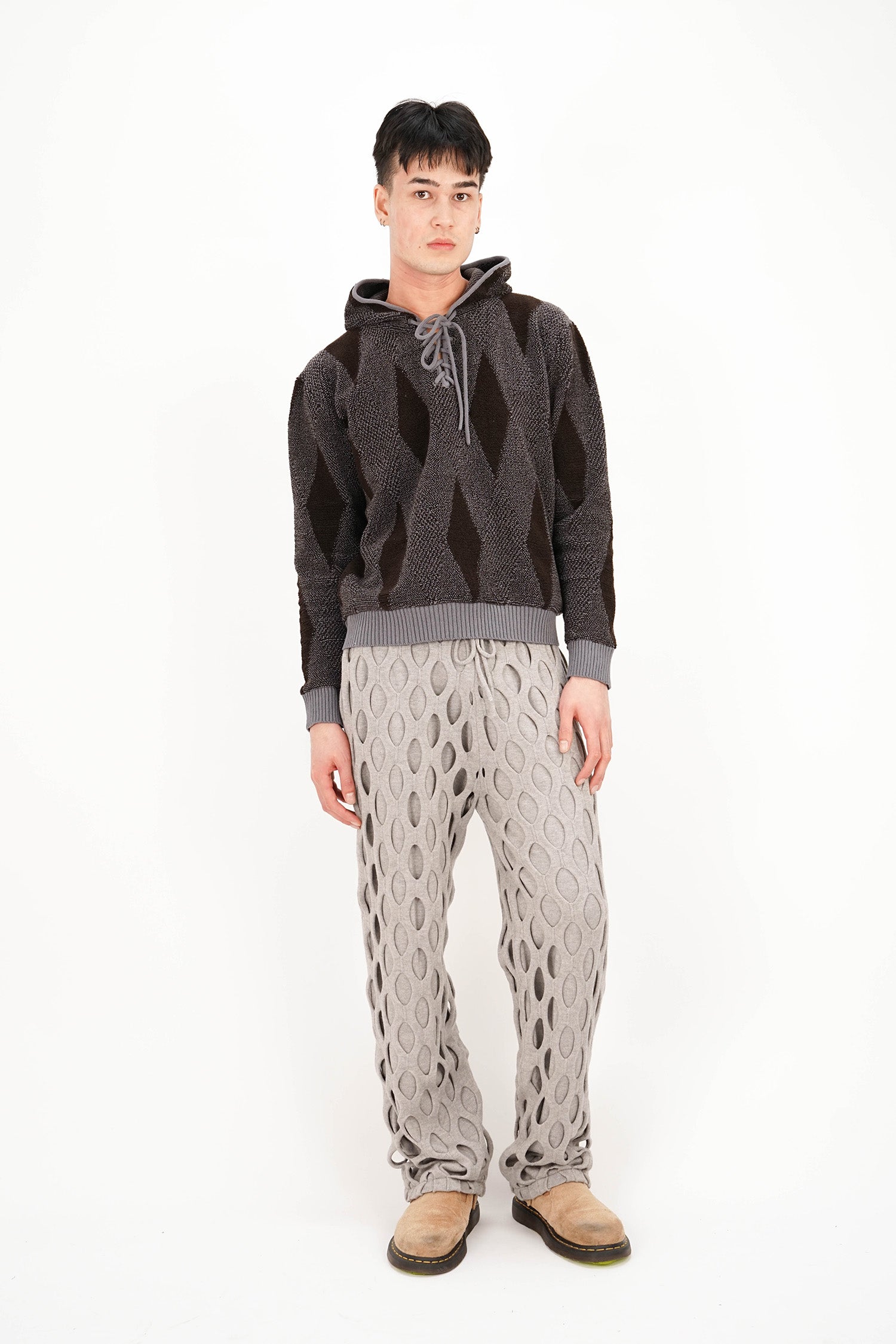 Isa Boulder - Small Argyle Towel Hoodie - Smoke Brown