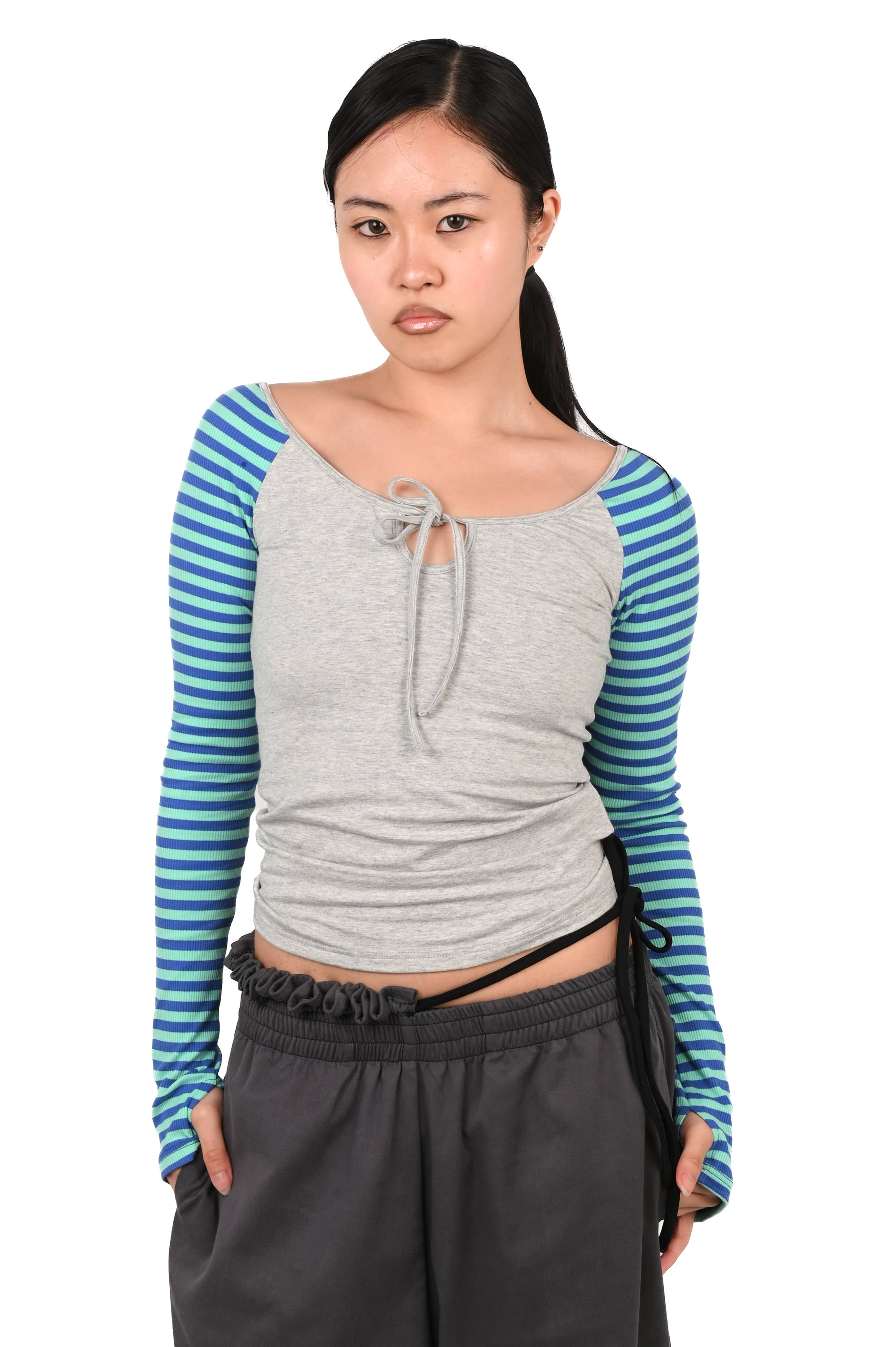 Emily Watson - Raglan Keyhole Long Sleeve Top - Grey/Blue