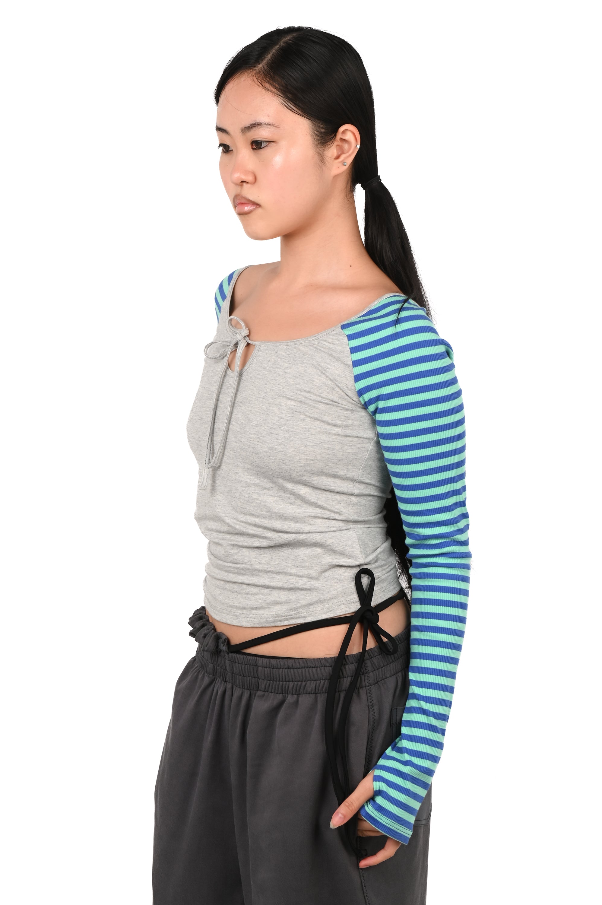 Emily Watson - Raglan Keyhole Long Sleeve Top - Grey/Blue
