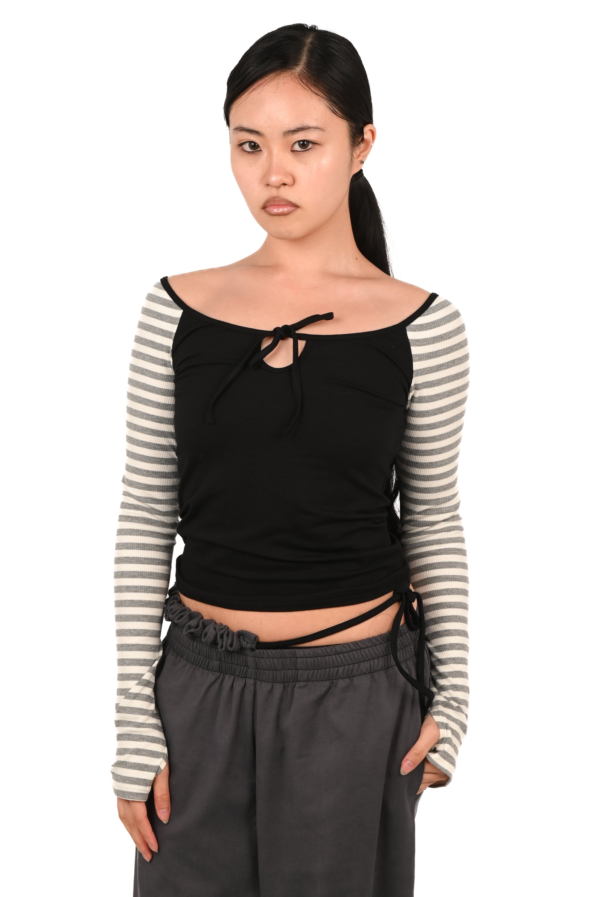 Emily Watson - Raglan Keyhole Long Sleeve Top - Black/Grey