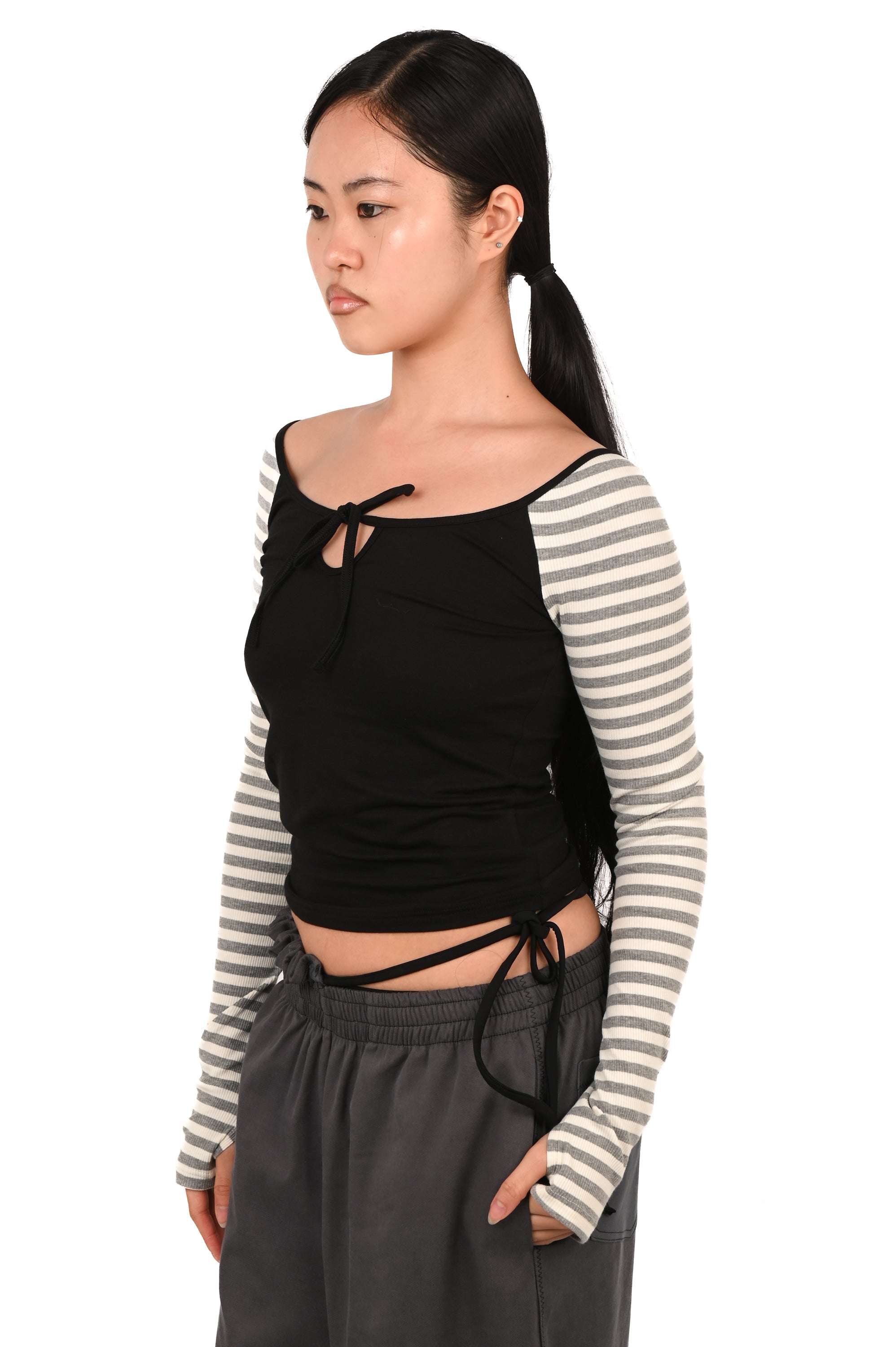 Emily Watson - Raglan Keyhole Long Sleeve Top - Black/Grey