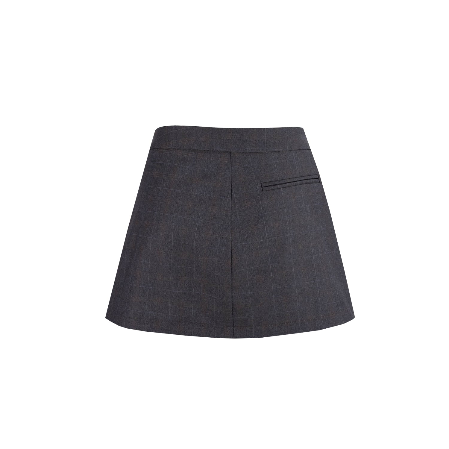 Front of KAHE wool mini skirt. Charcoal check material. features welt pocket on right side of skirt