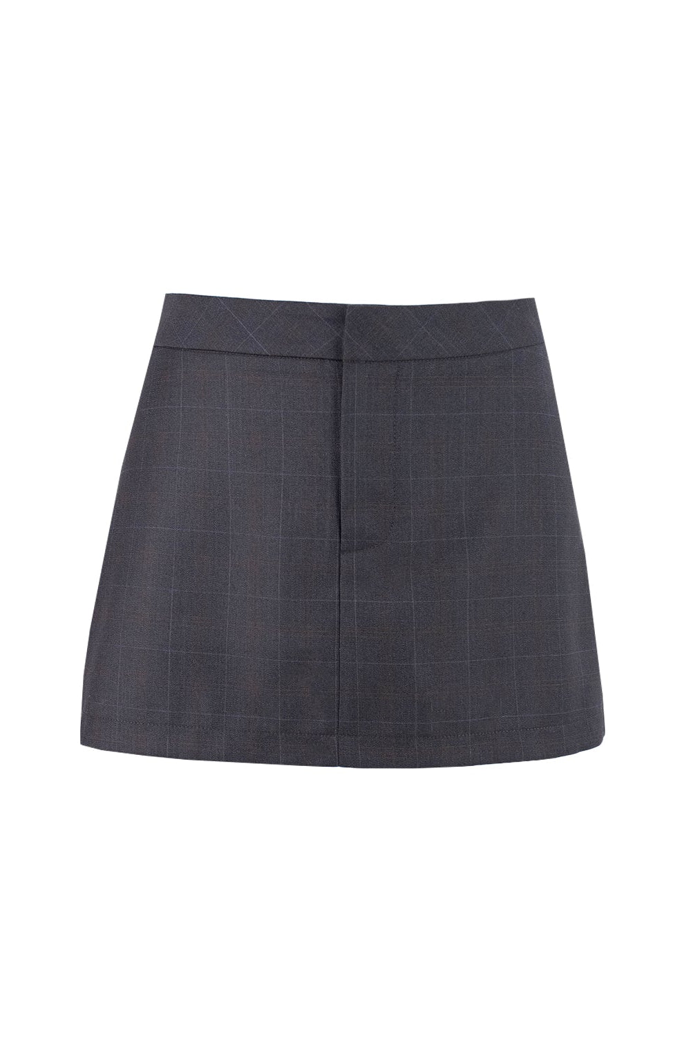 Front of KAHE wool mini skirt. Charcoal check material. features front zip fly