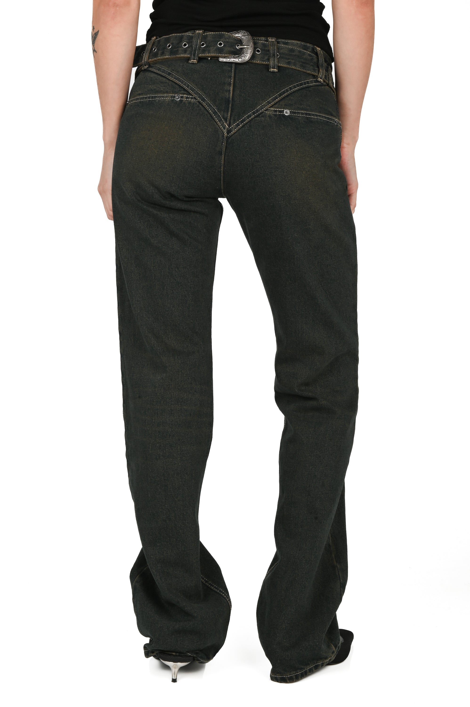 KAHE - Back Buckle Boot Cut Jean - Indigo Fade