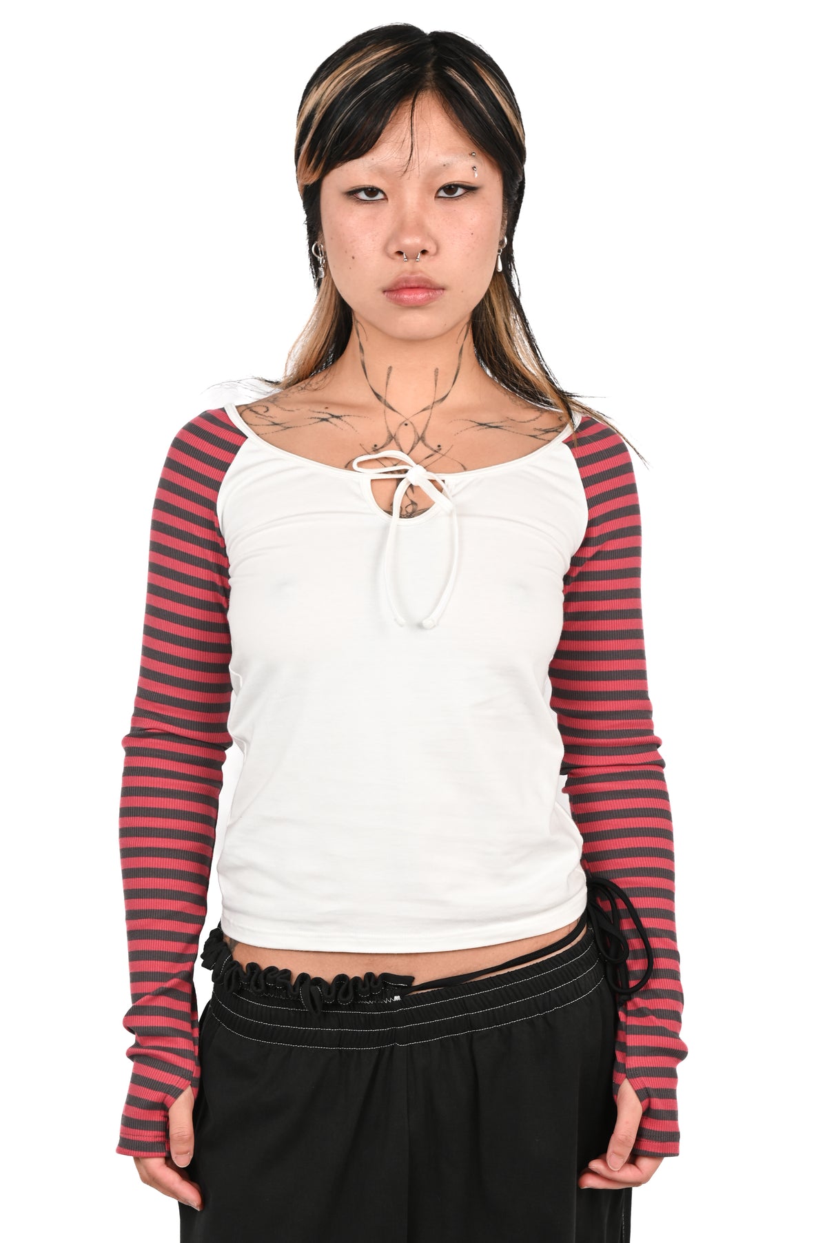 Emily Watson - Raglan Keyhole Long Sleeve Top - White/Red
