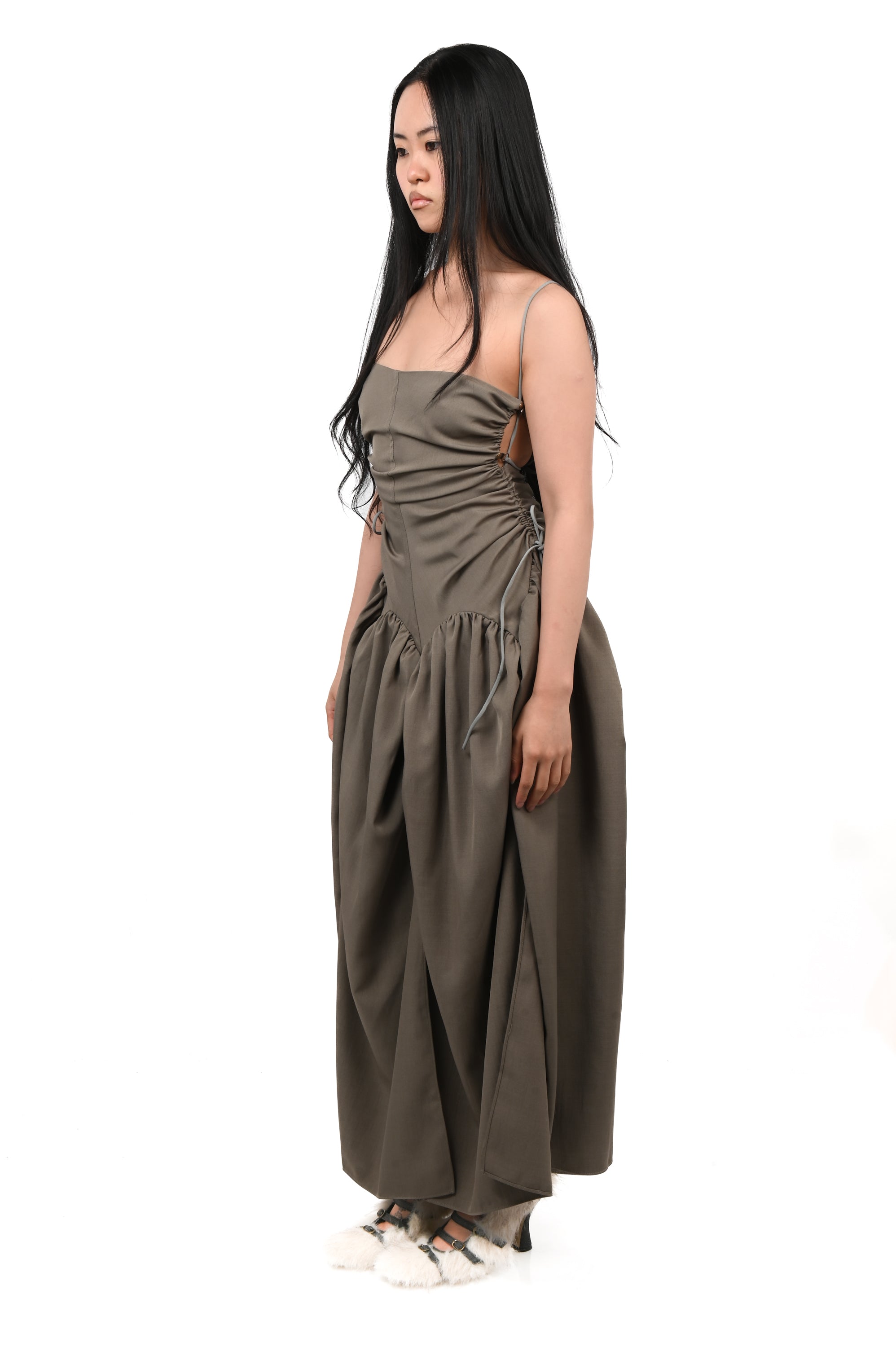 Taottao - Open Back Cami Bubble Maxi Dress - Grey Suiting
