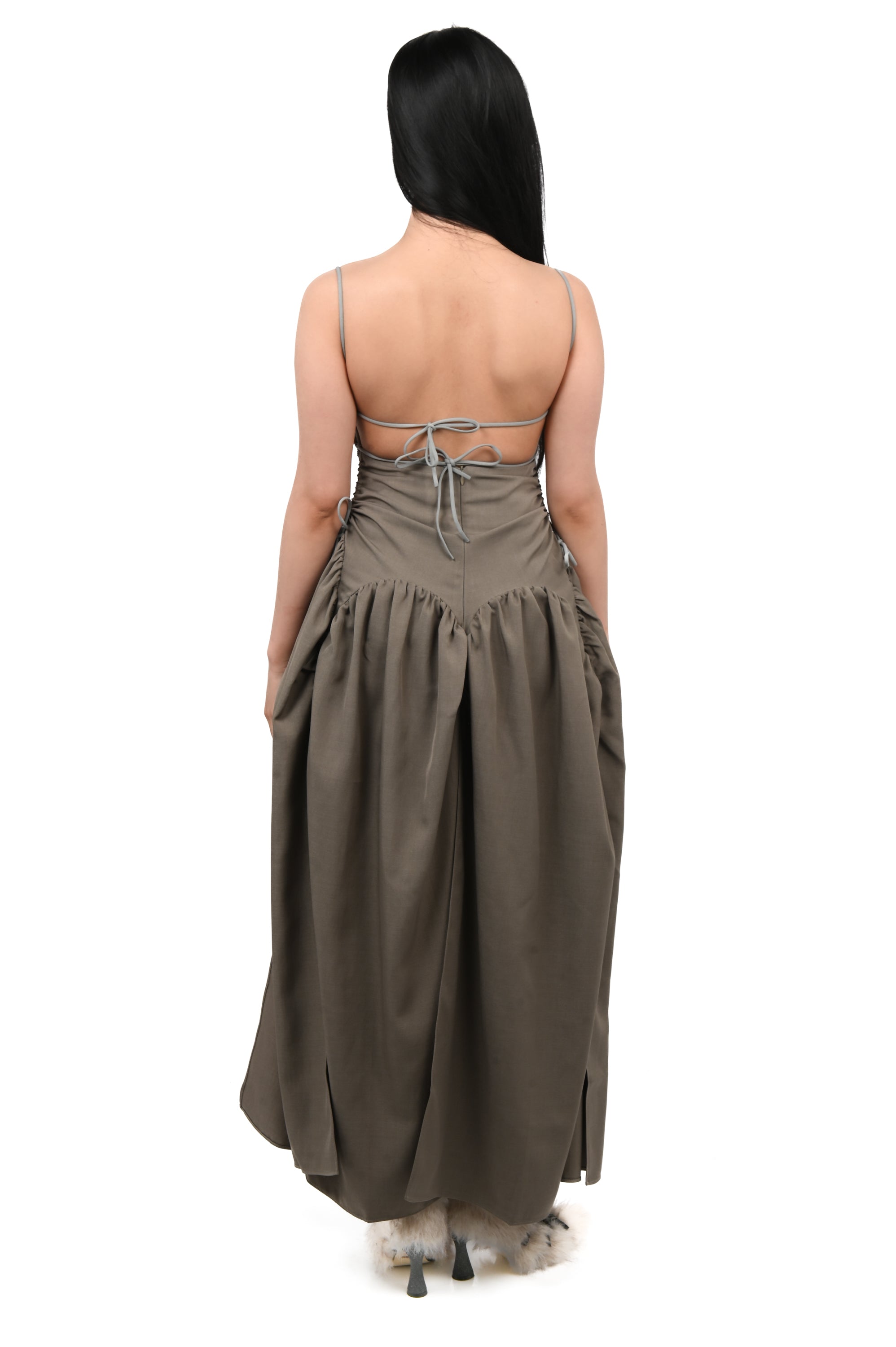 Taottao - Open Back Cami Bubble Maxi Dress - Grey Suiting