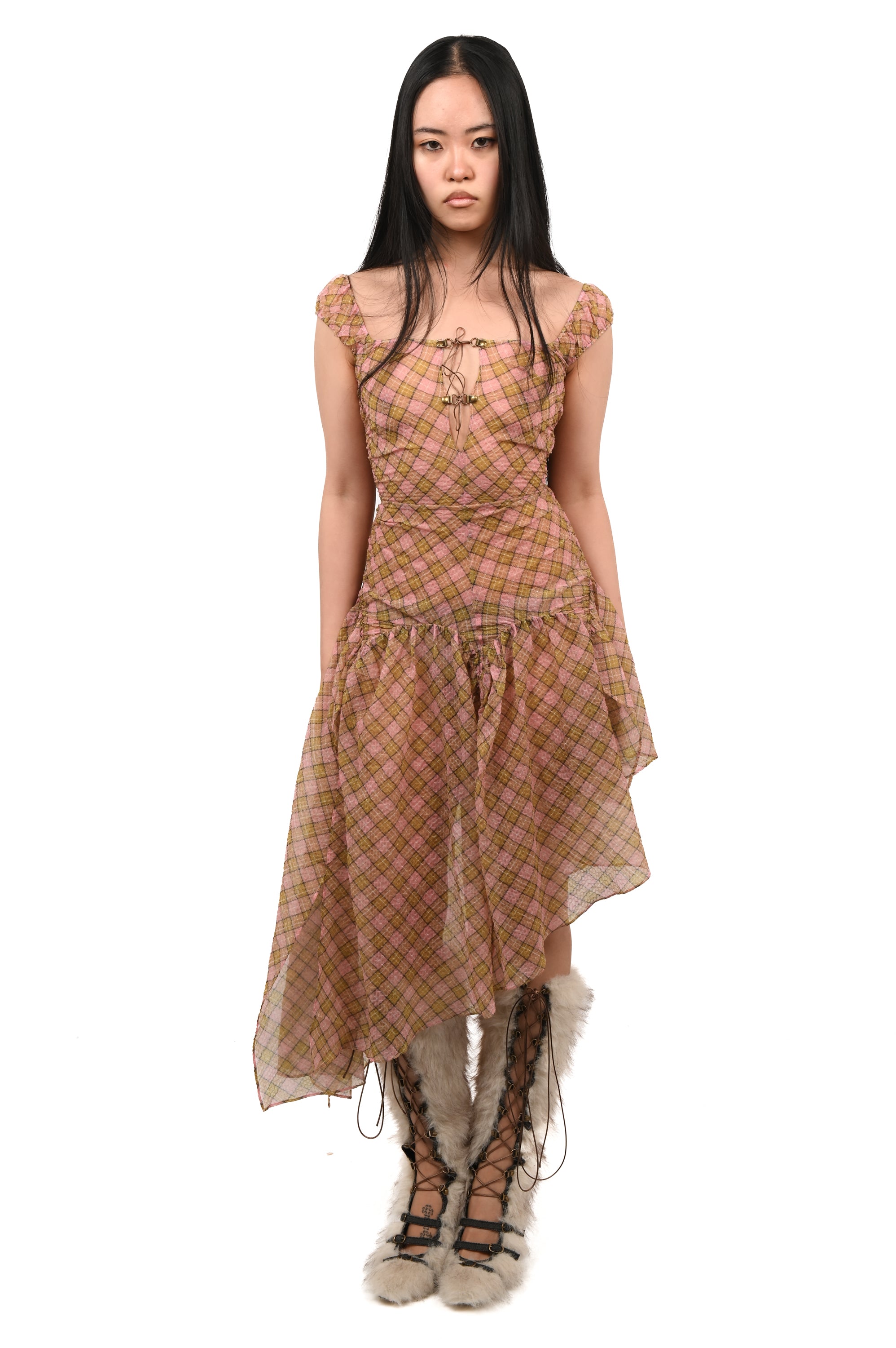 Taottao - Plaid Puff Chiffon Dress - Fenlü