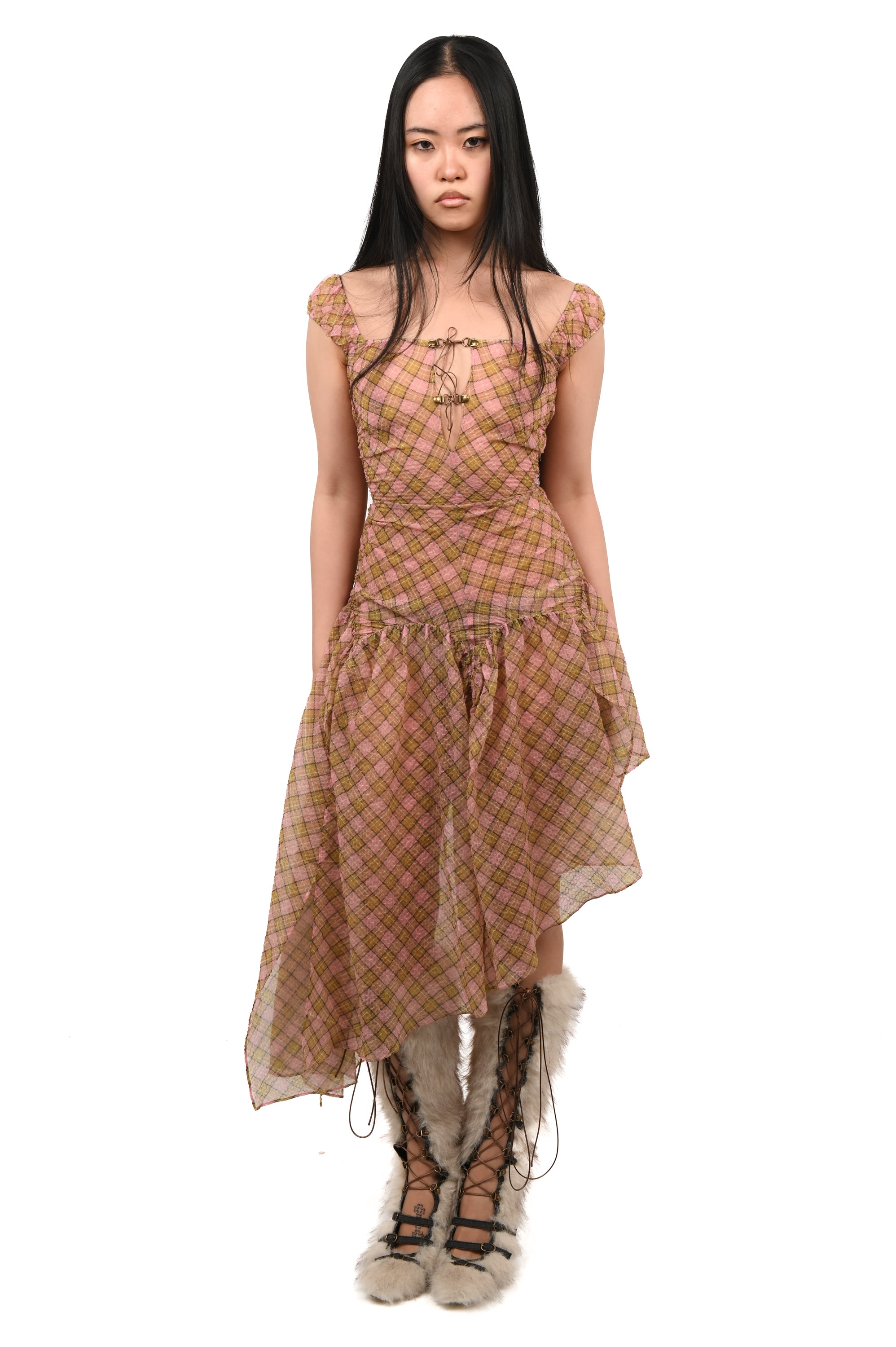 Taottao - Plaid Puff Chiffon Dress - Fenlü