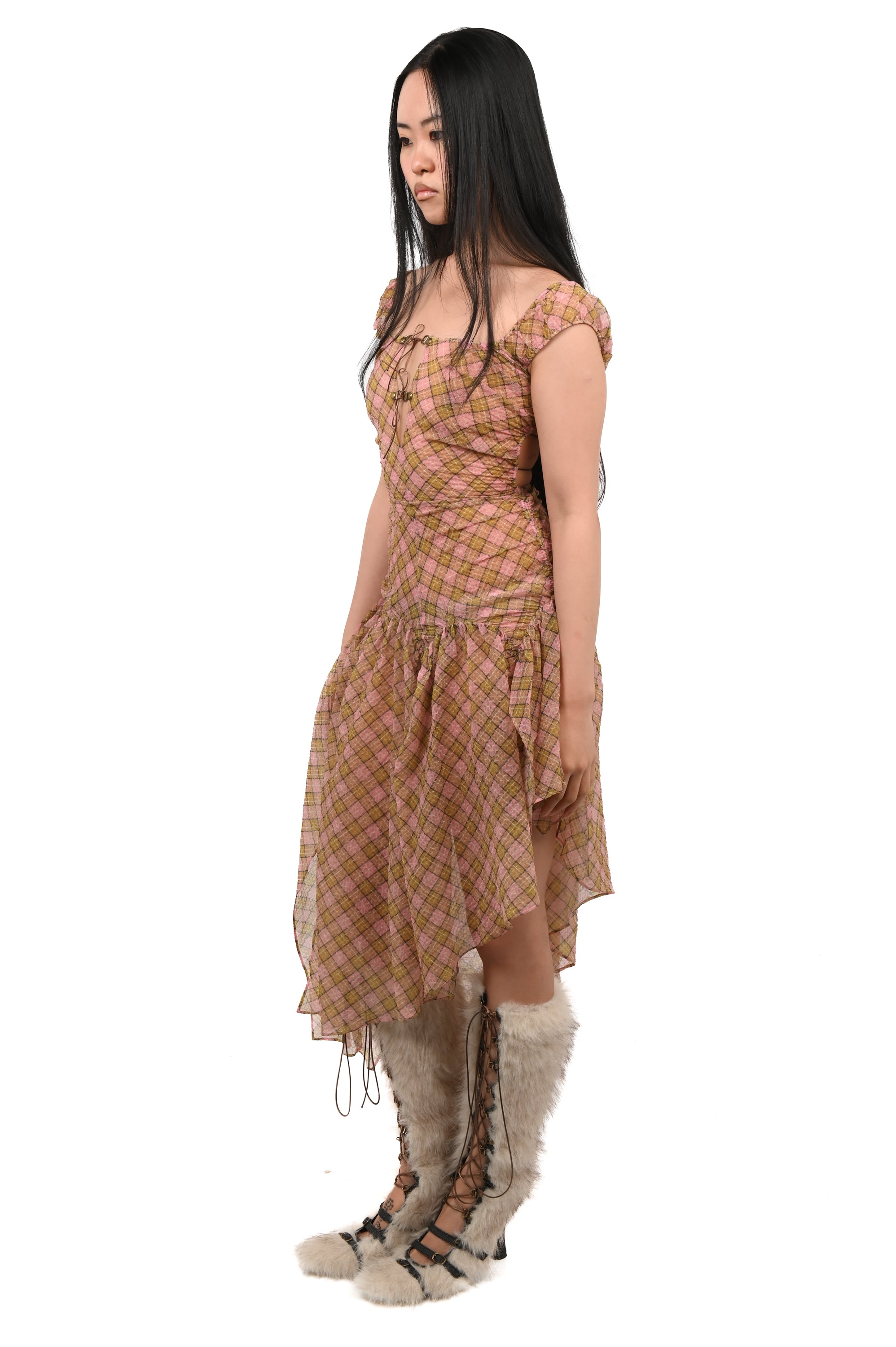 Taottao - Plaid Puff Chiffon Dress - Fenlü