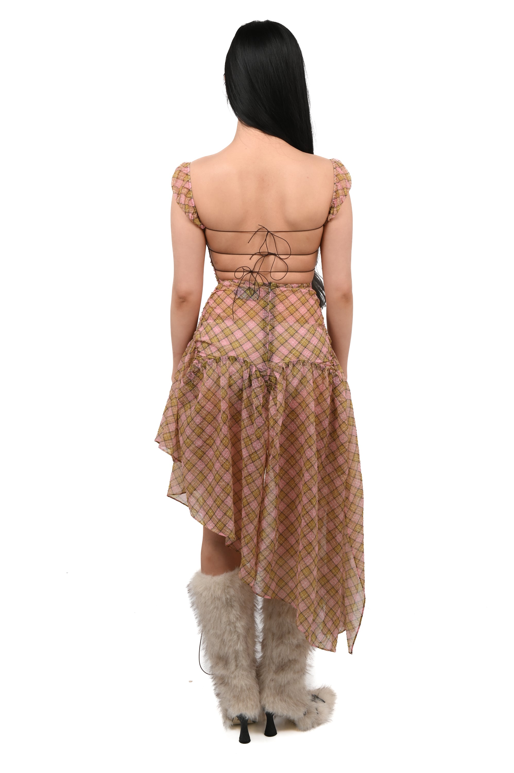 Taottao - Plaid Puff Chiffon Dress - Fenlü