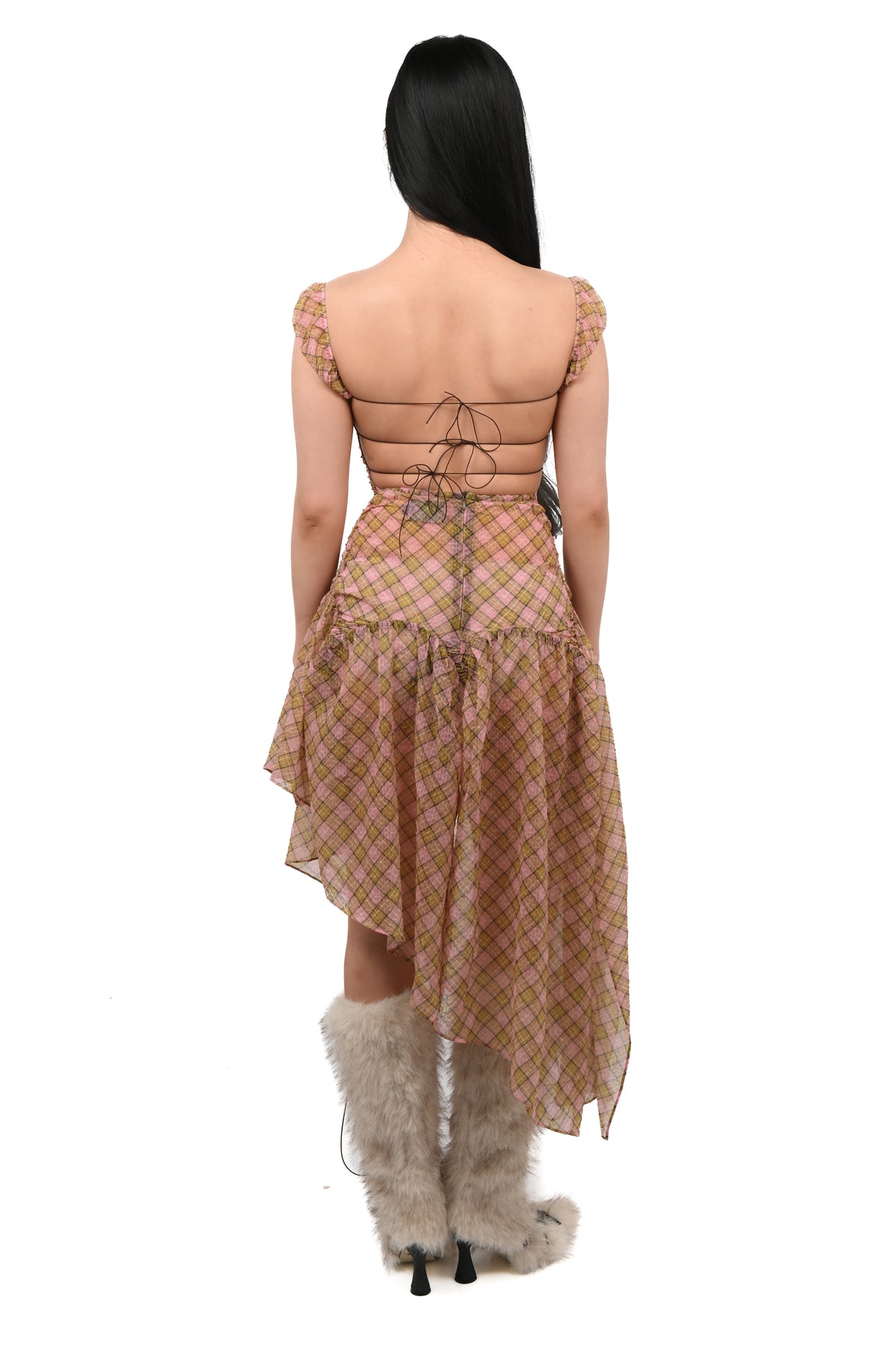 Taottao - Plaid Puff Chiffon Dress - Fenlü