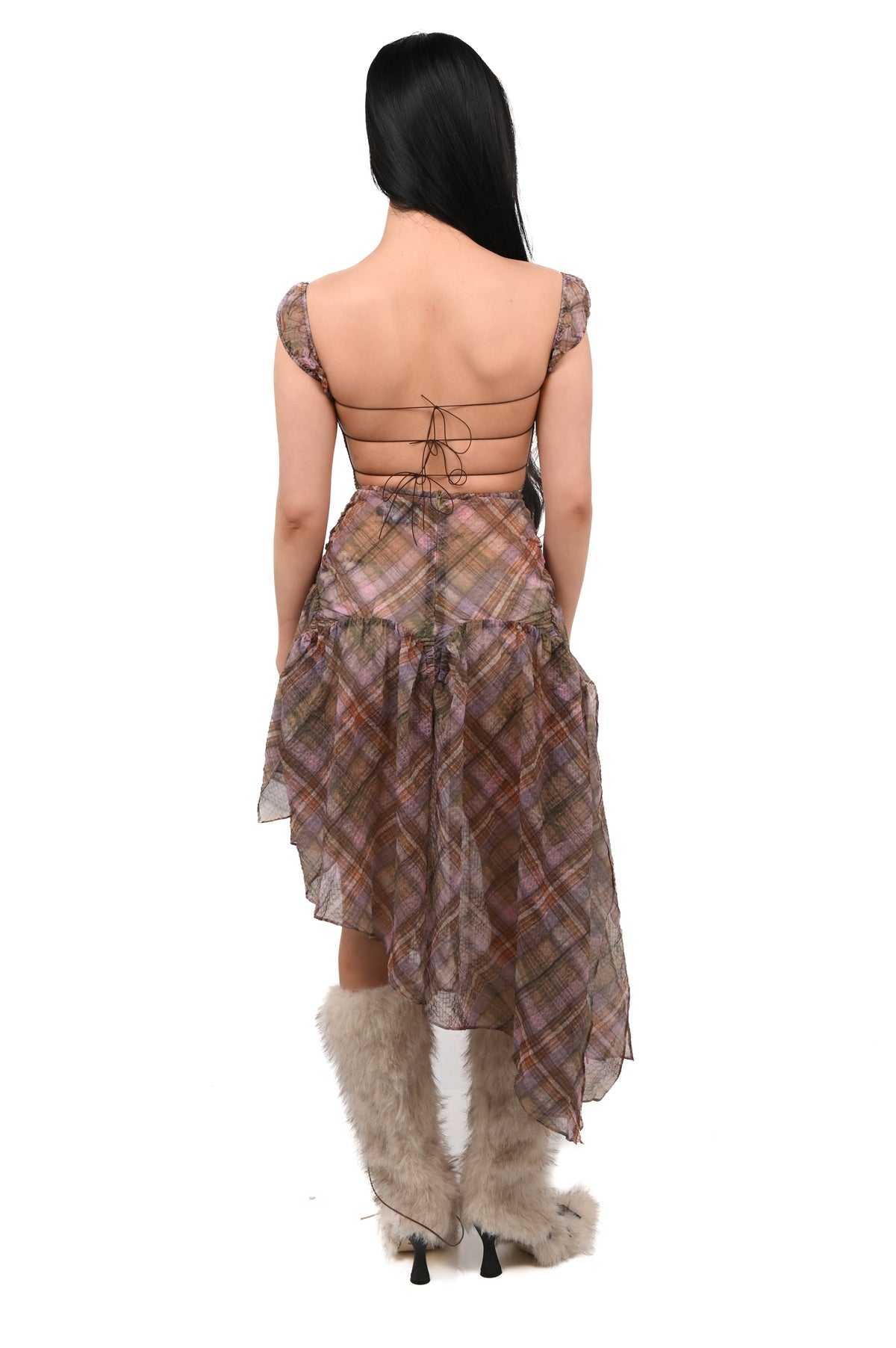 Taottao - Plaid Puff Chiffon Dress - Earth Tartan