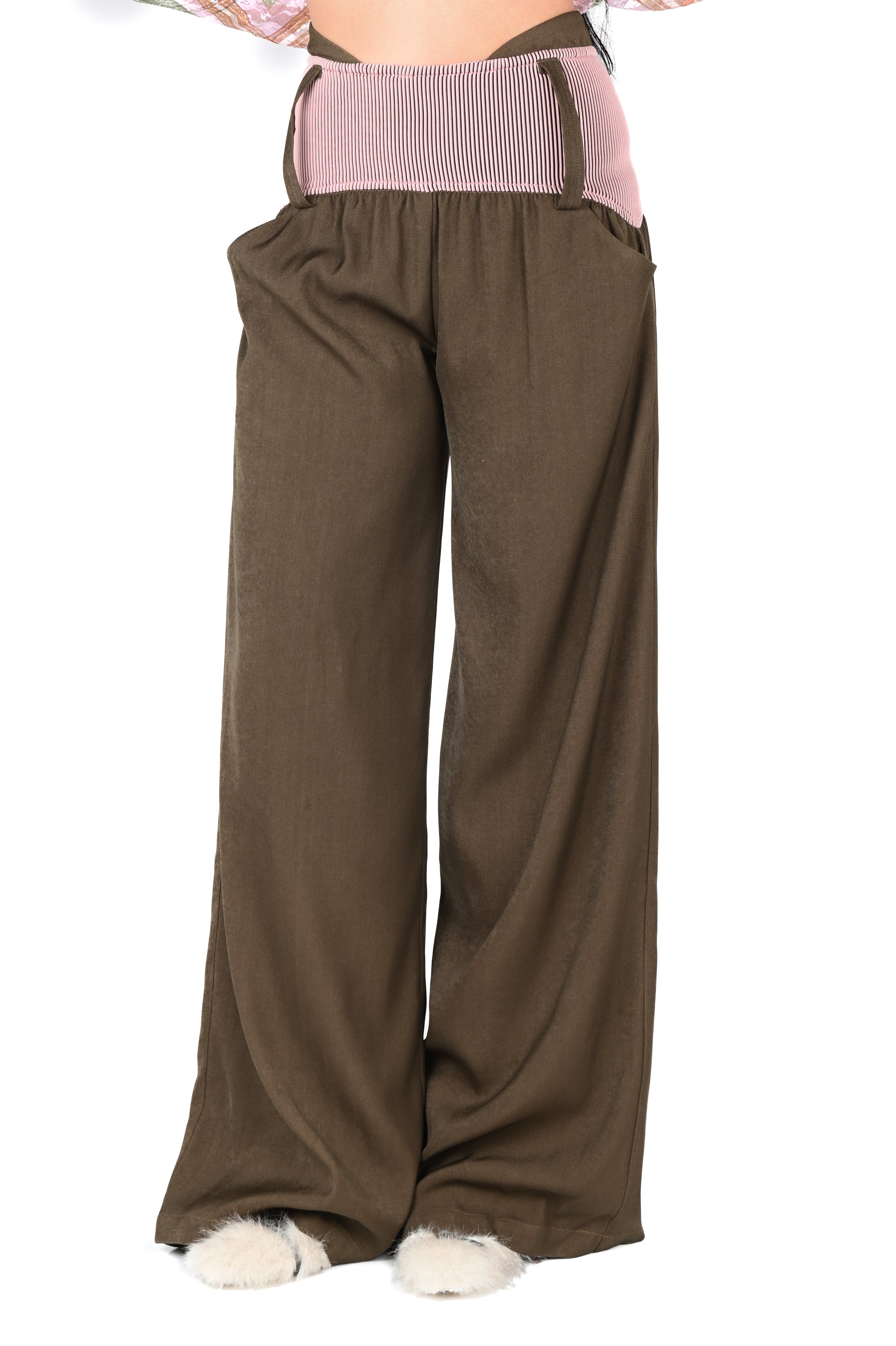 Taottao - Low-rise Twill Oversized Baggy Trousers - Taupe with Pink Rib