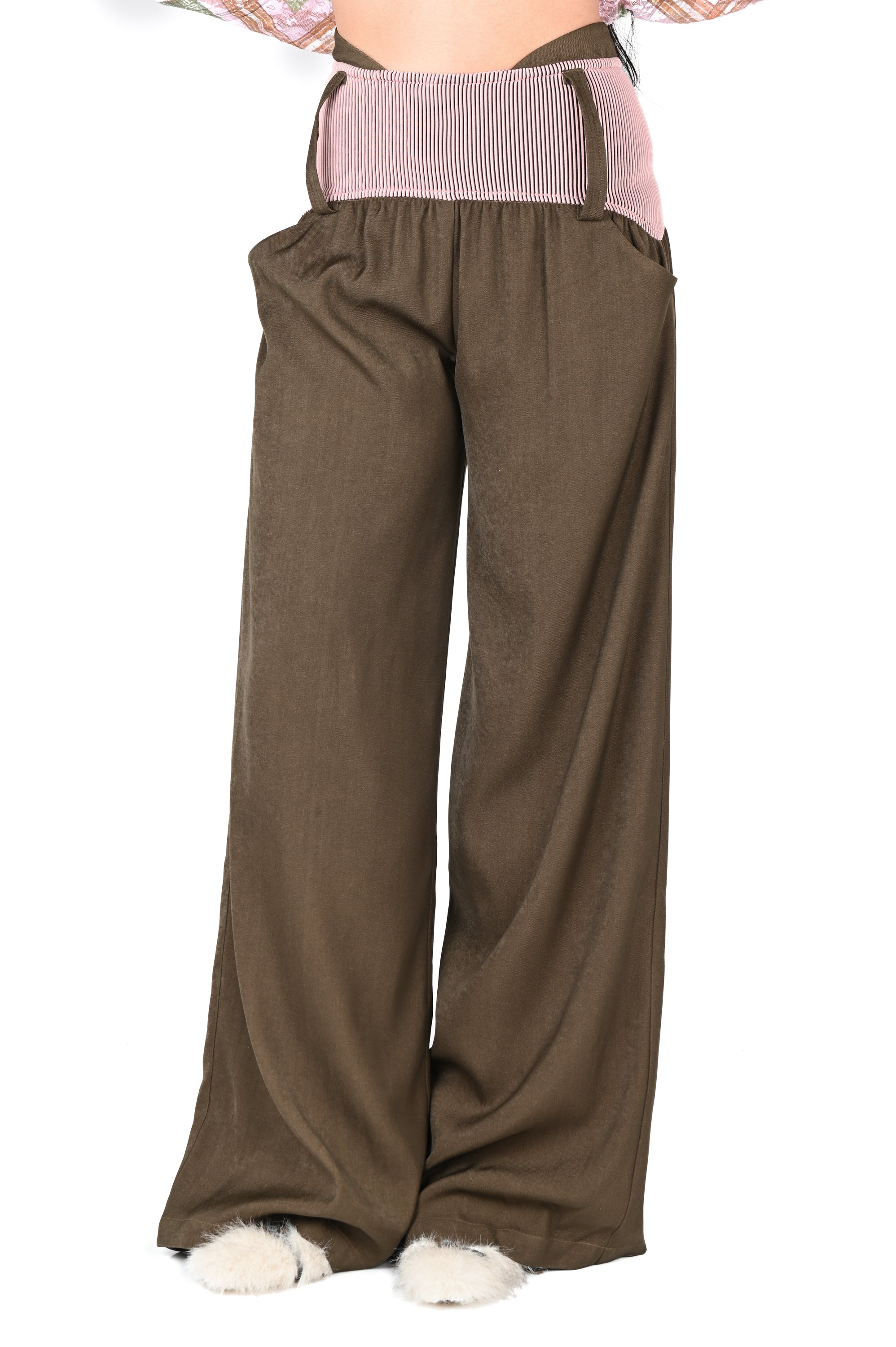Taottao - Low-rise Twill Oversized Baggy Trousers - Taupe with Pink Rib