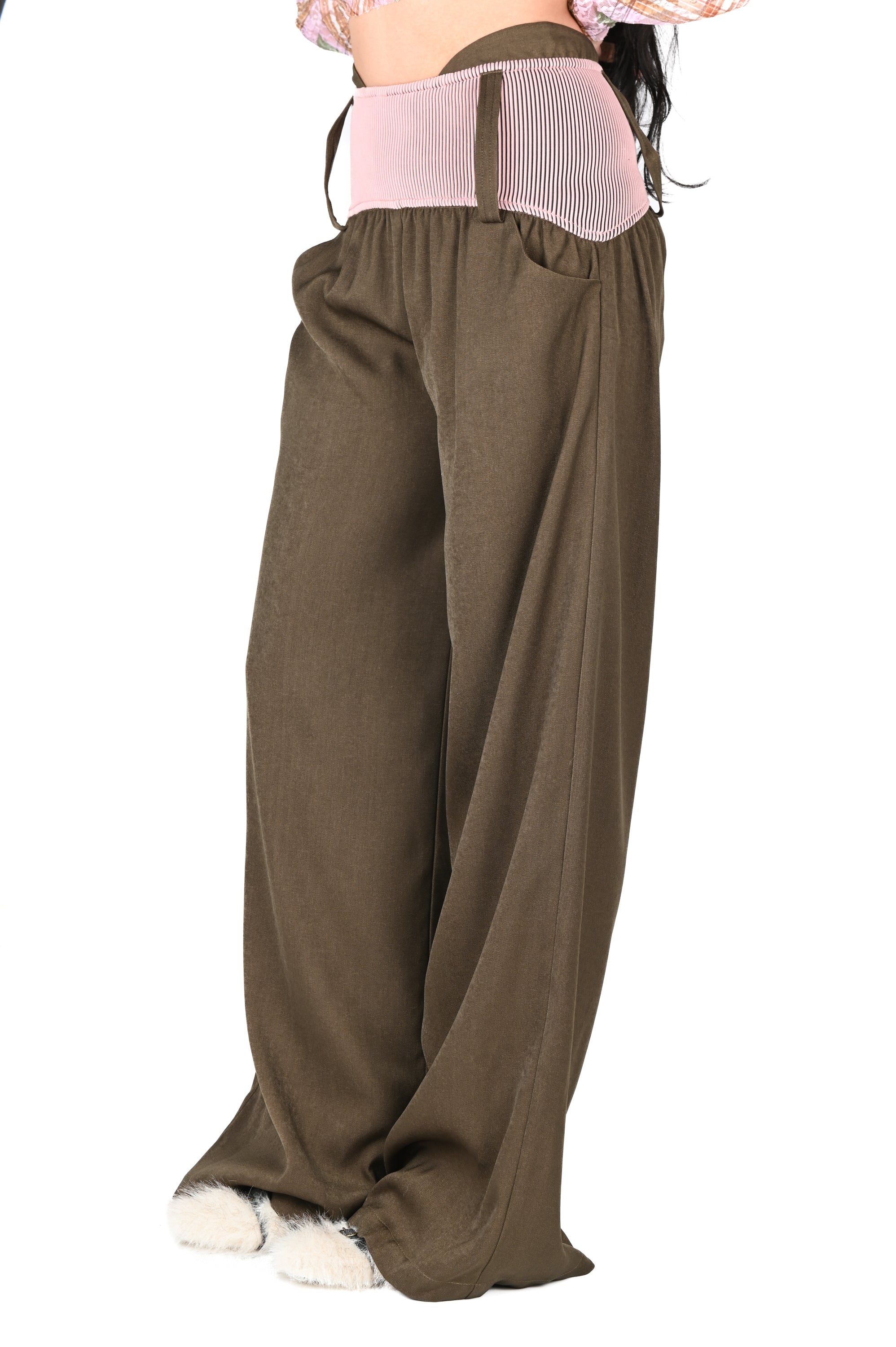 Taottao - Low-rise Twill Oversized Baggy Trousers - Taupe with Pink Rib