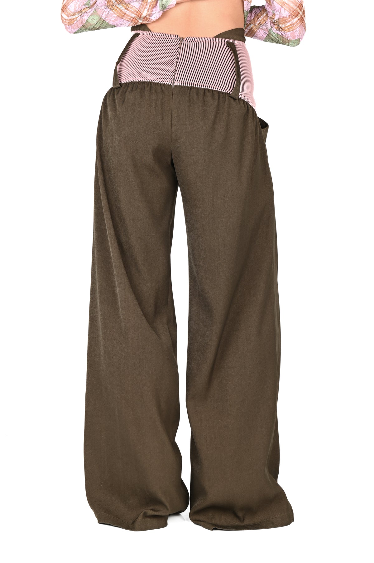 Taottao - Low-rise Twill Oversized Baggy Trousers - Taupe with Pink Rib