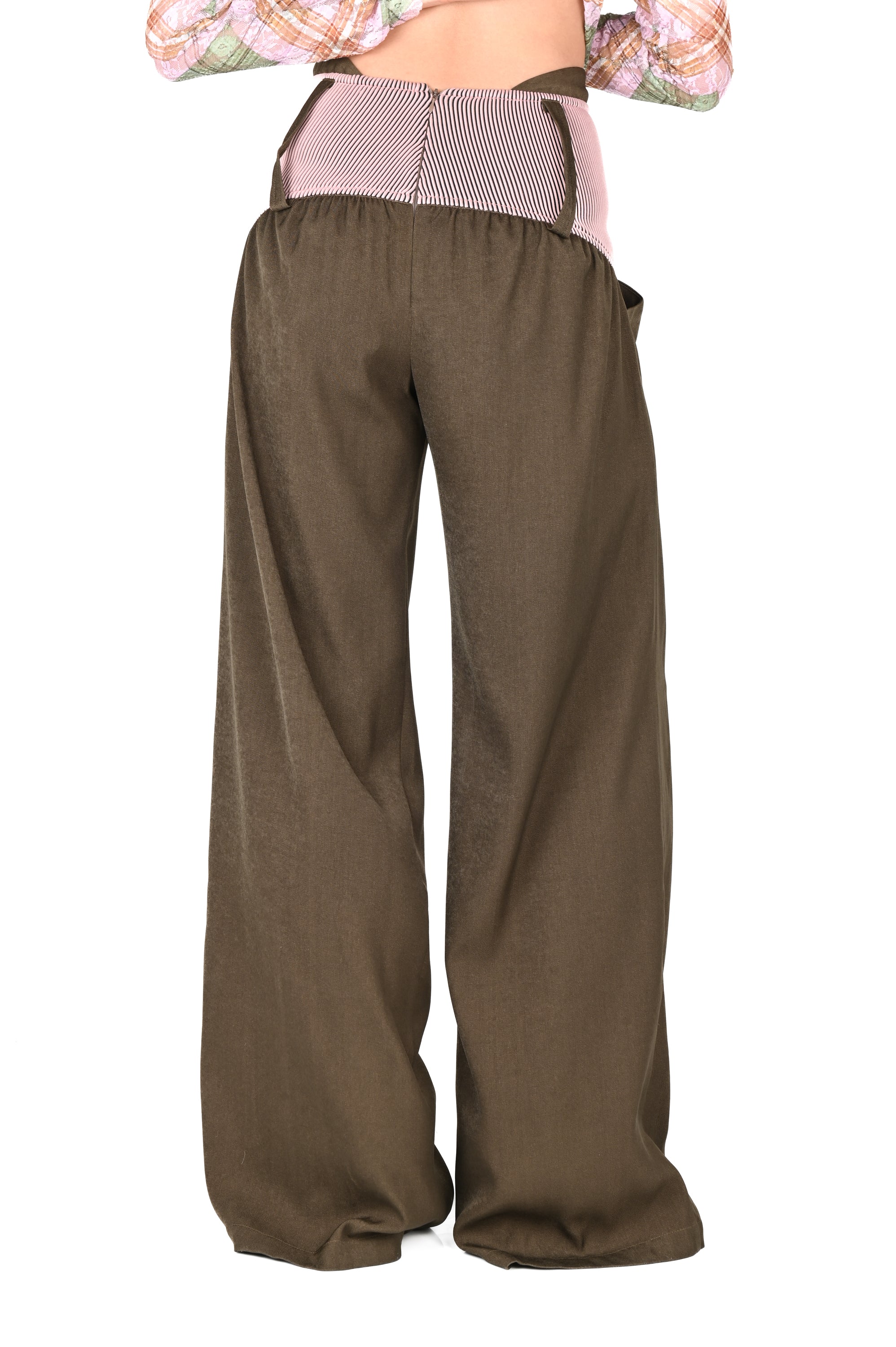 Taottao - Low-rise Twill Oversized Baggy Trousers - Taupe with Pink Rib