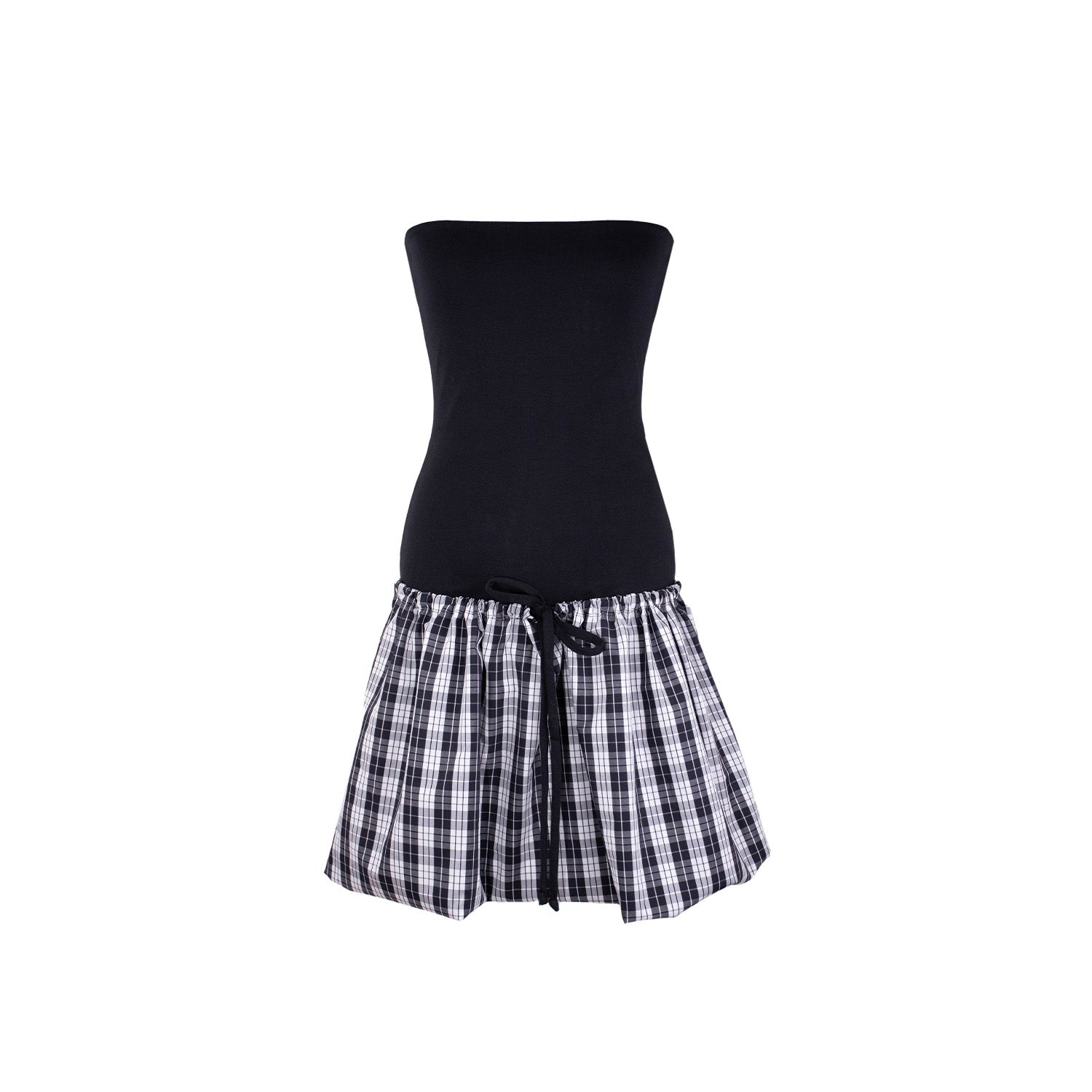 A strapless midi dress with a fitted black bodice and a flowy plaid skirt, featuring a drawstring detail at the hem for an adjustable silhouette shown folded into mini dress.