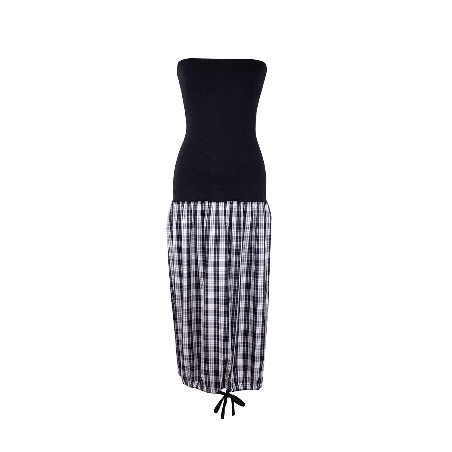 A strapless midi dress with a fitted black bodice and a flowy plaid skirt, featuring a drawstring detail at the hem for an adjustable silhouette.