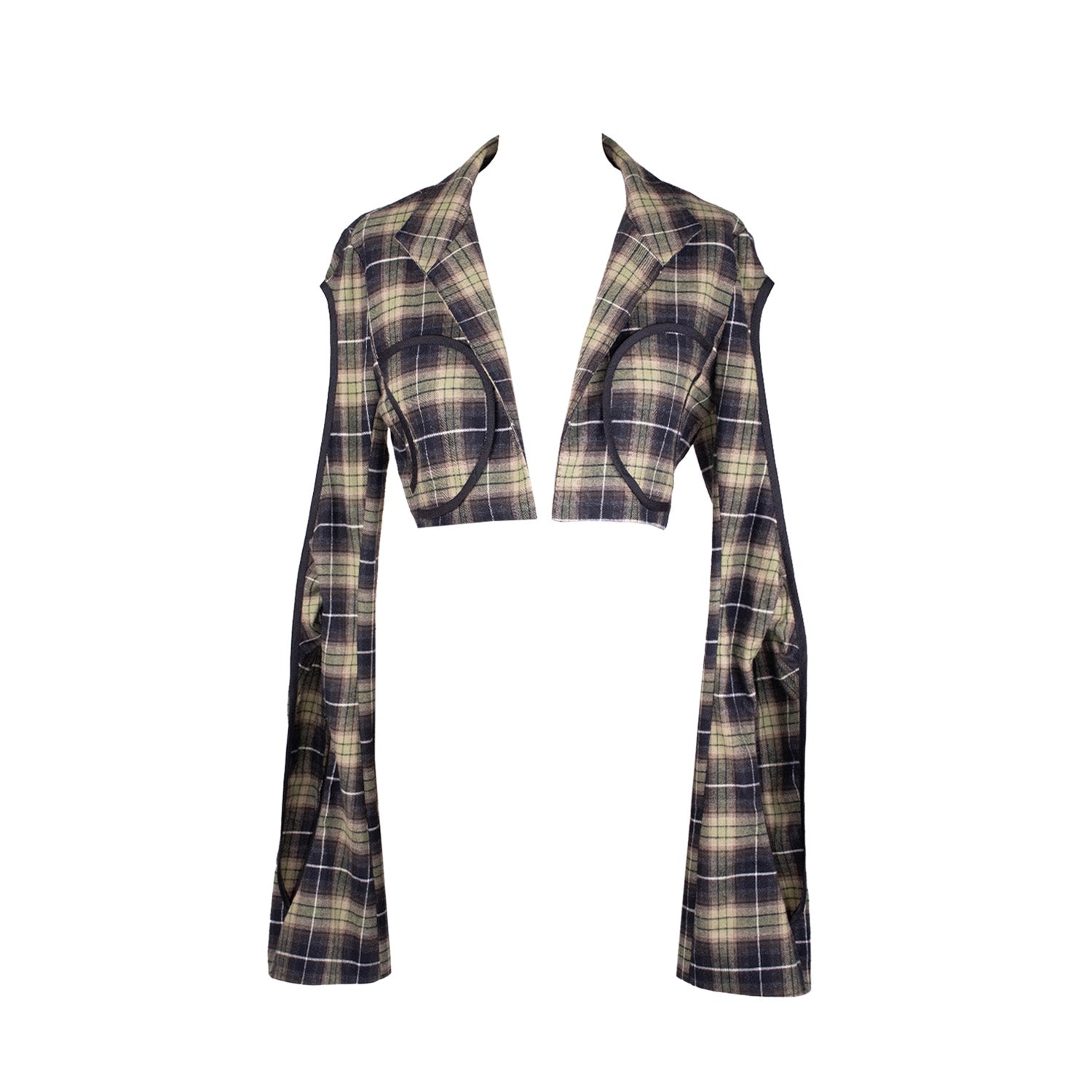 A long sleeve, super cropped tartan jacket with cut out detailing sleeves and collar