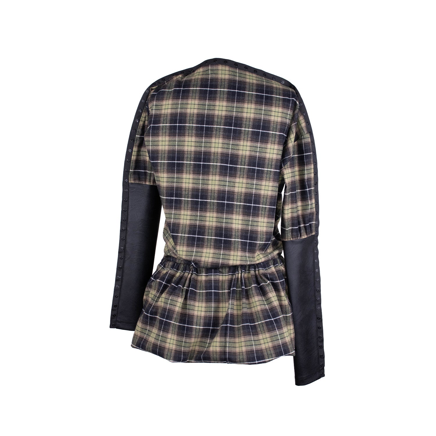 Back of a long-sleeve plaid dress with black leather paneling on the sleeves and snap details along the edges. The waist is styled cinched with a drawstring for a structured fit. 
