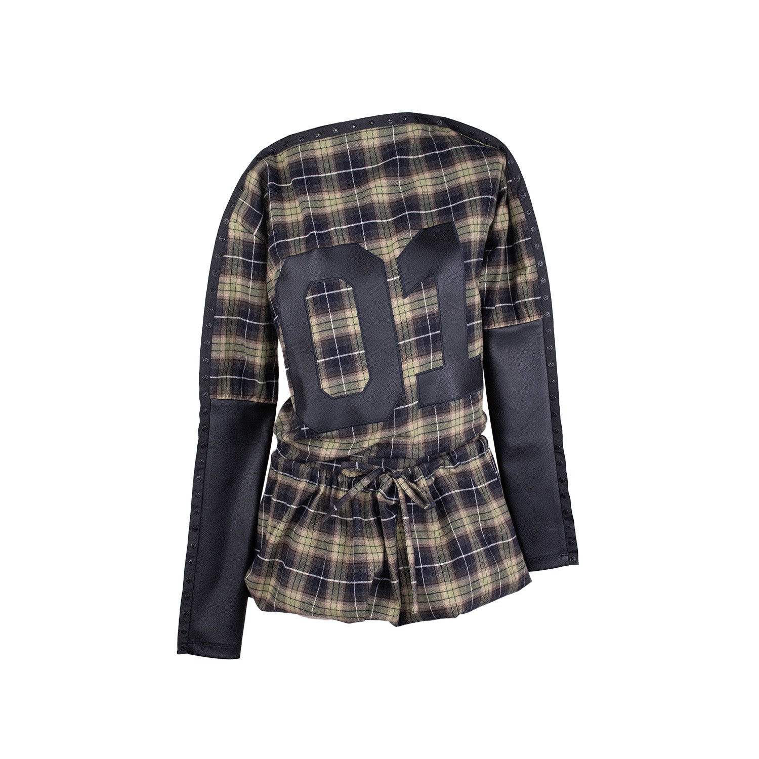 A long-sleeve plaid dress with black leather paneling on the sleeves and snap details along the edges. The front features a bold "01" graphic in black, and the waist is styled cinched with a drawstring for a structured fit. 