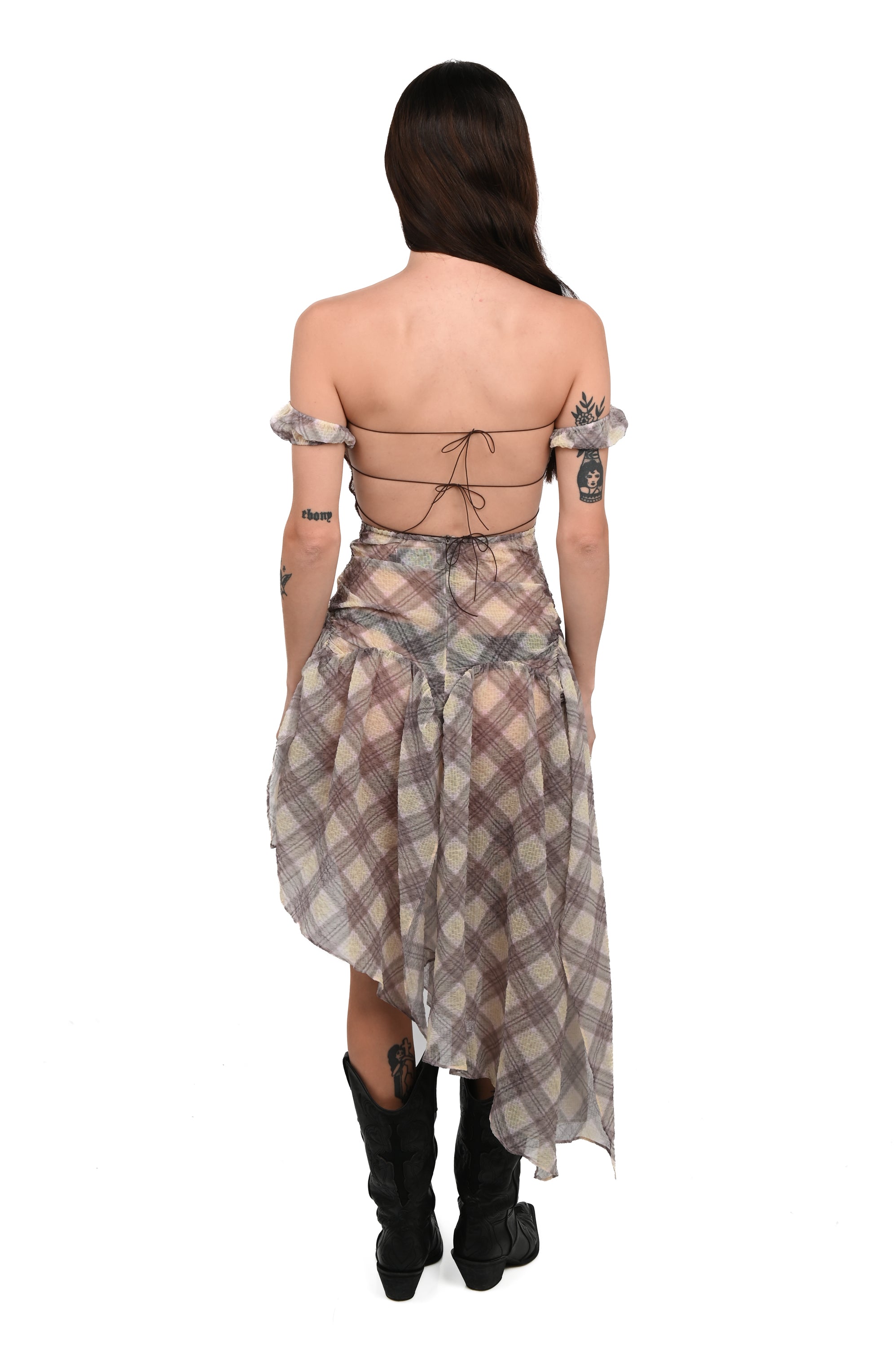 Taottao - Plaid Puff Chiffon Dress - Porcelain