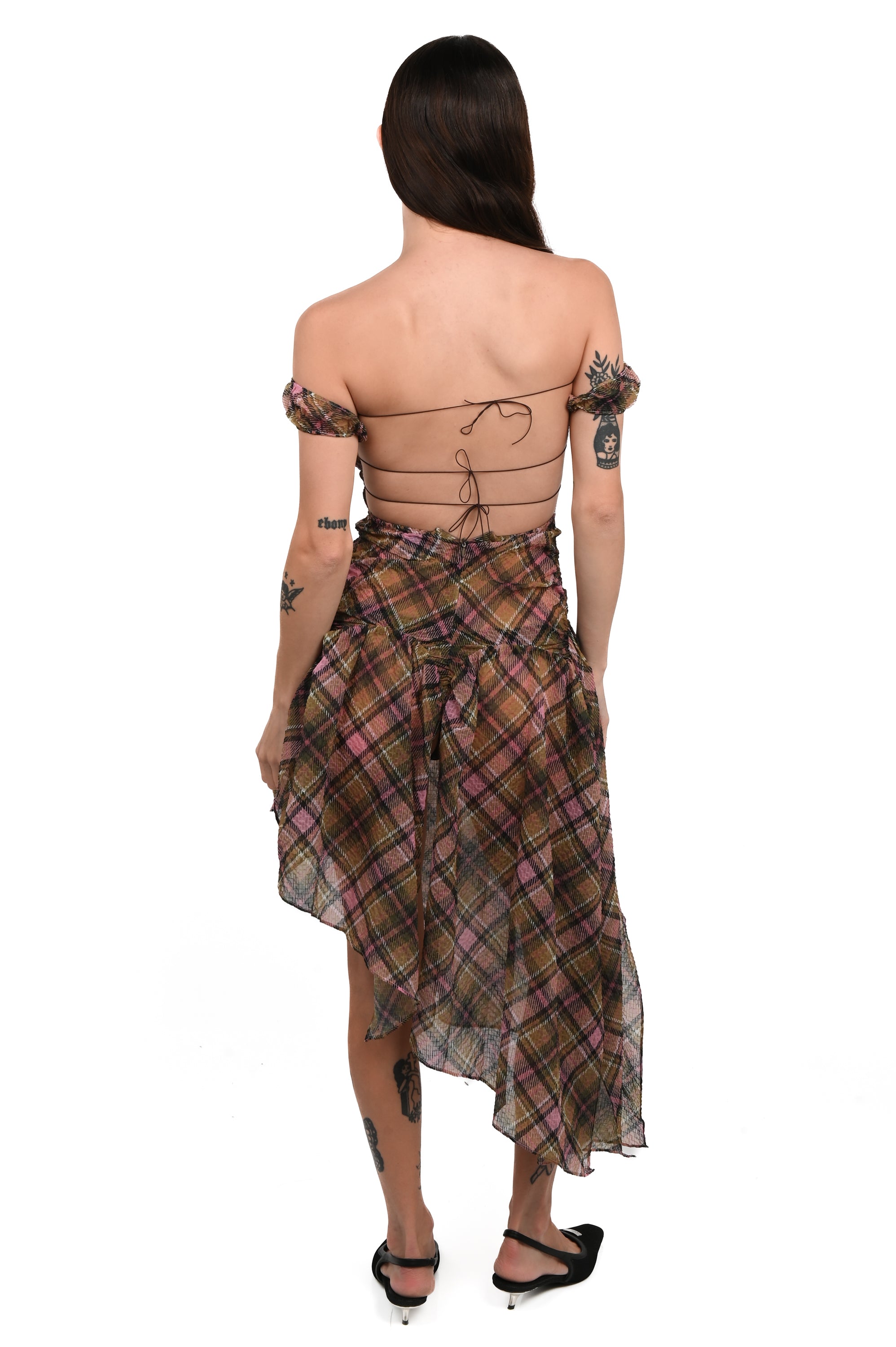 Taottao - Plaid Puff Chiffon Dress - Smooky