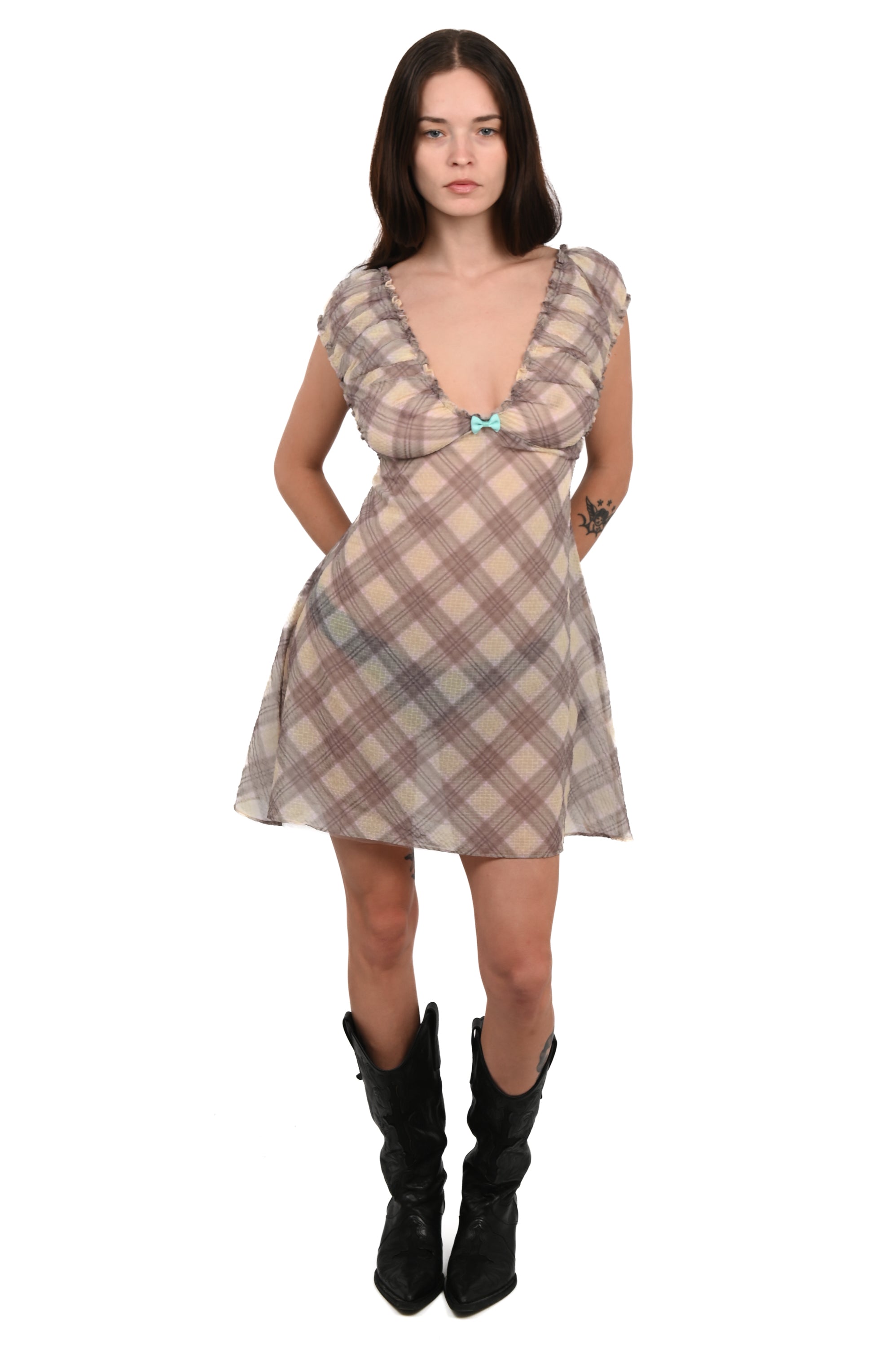 Taottao - Babydoll Plaid Dress - Porcelain