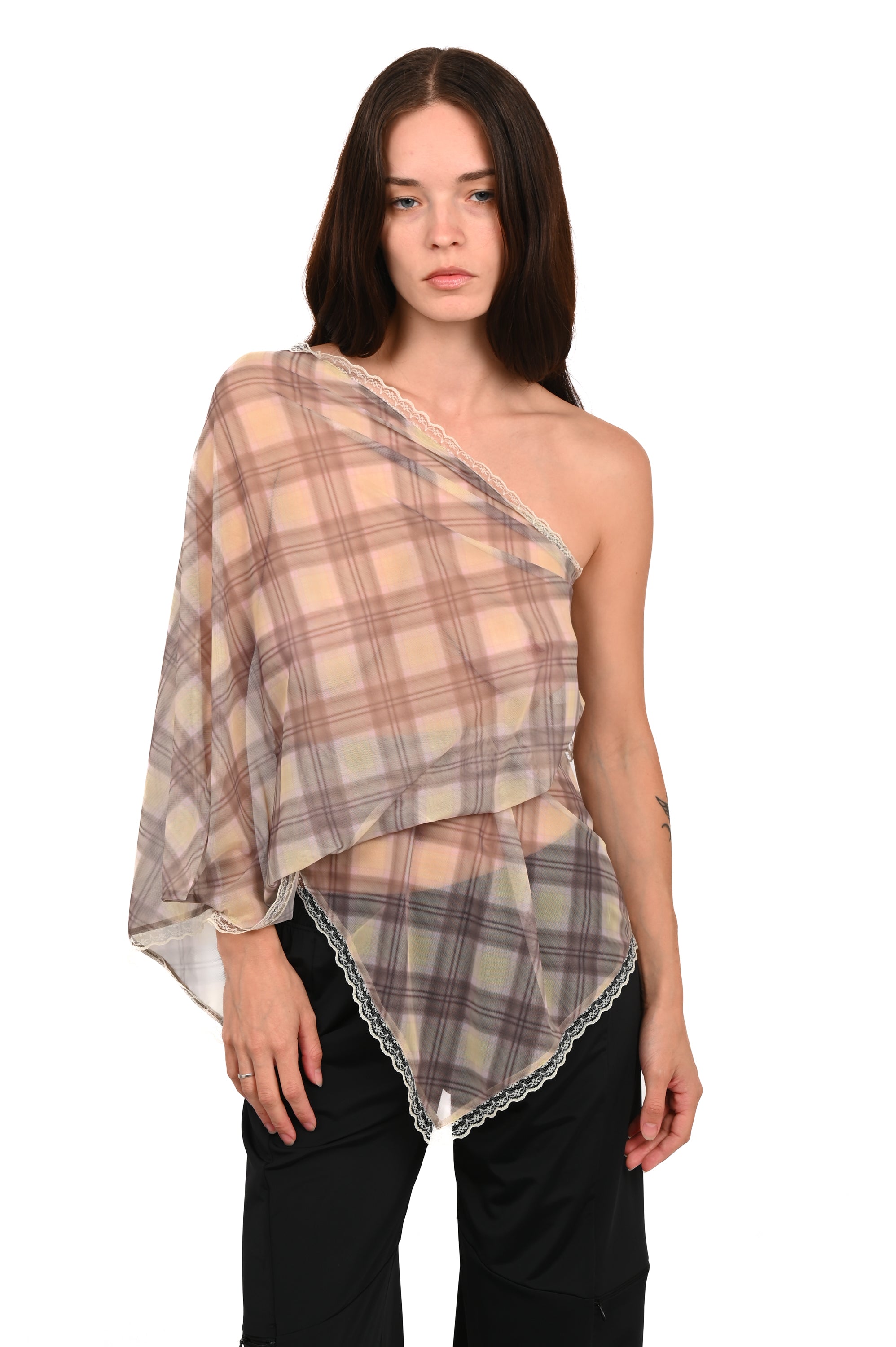 Taottao - Mesh Plaid Multi-Wear Top - Porcelain