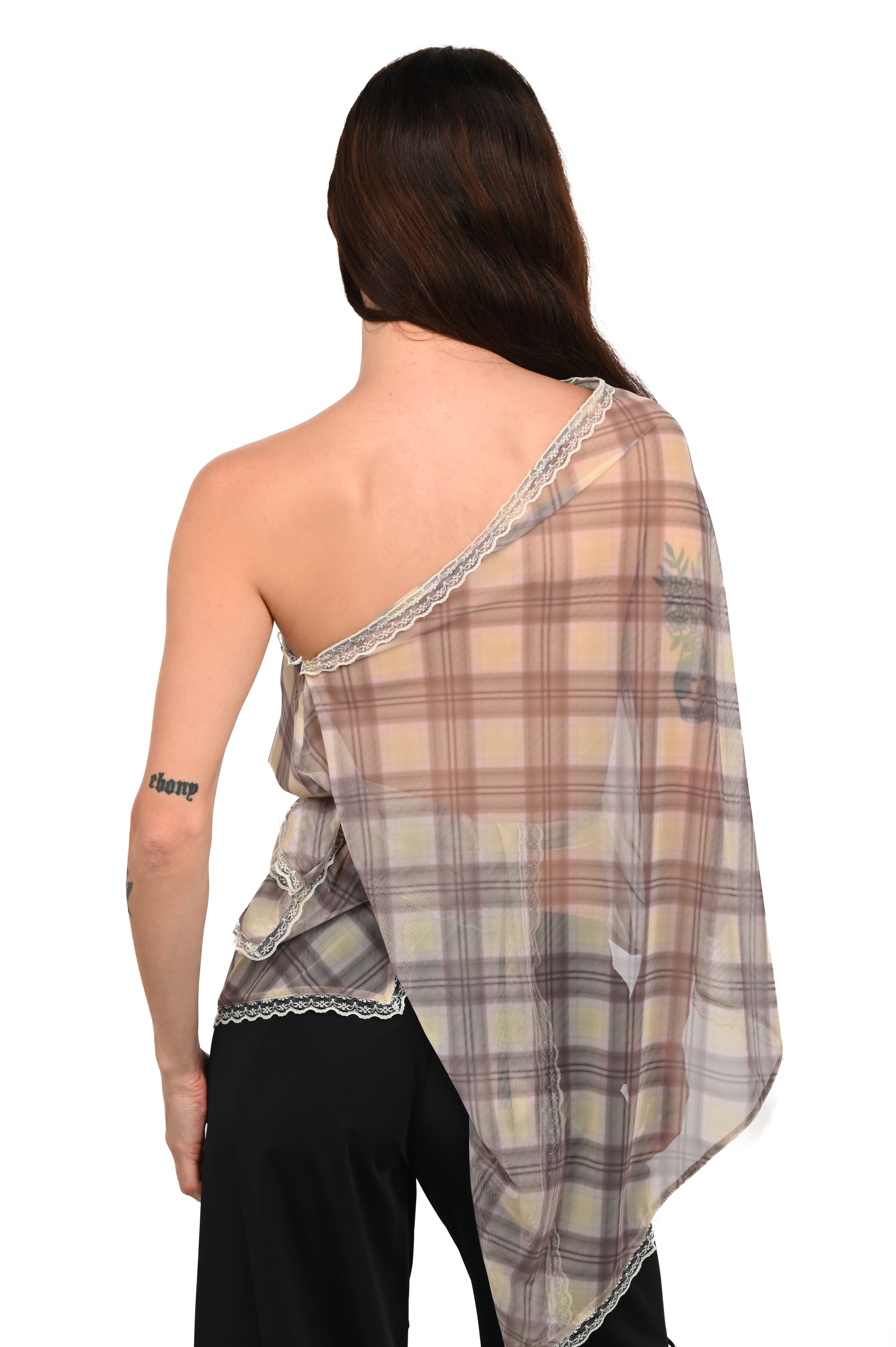 Taottao - Mesh Plaid Multi-Wear Top - Porcelain